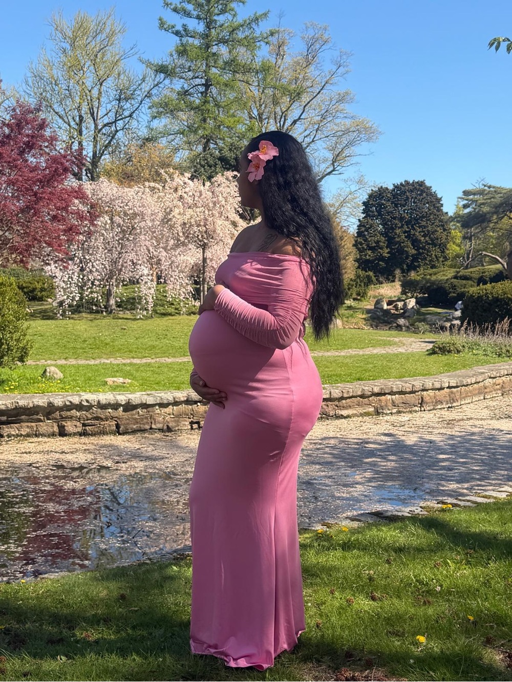 Off-Shoulder Maternity Maxi Dress in Pink